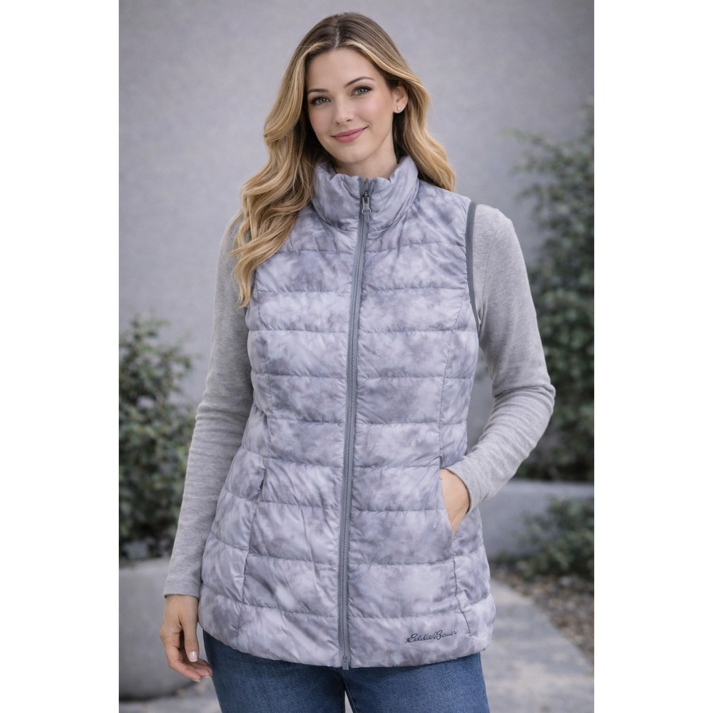 Eddie Bauer EB650 Down Vest Womens Medium White Camo Puffer Jacket Zip Up